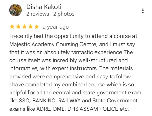 Google review praise for the study booklets and regular doubt clearing counters provided at Majestic Academy's Zoo Road center.
